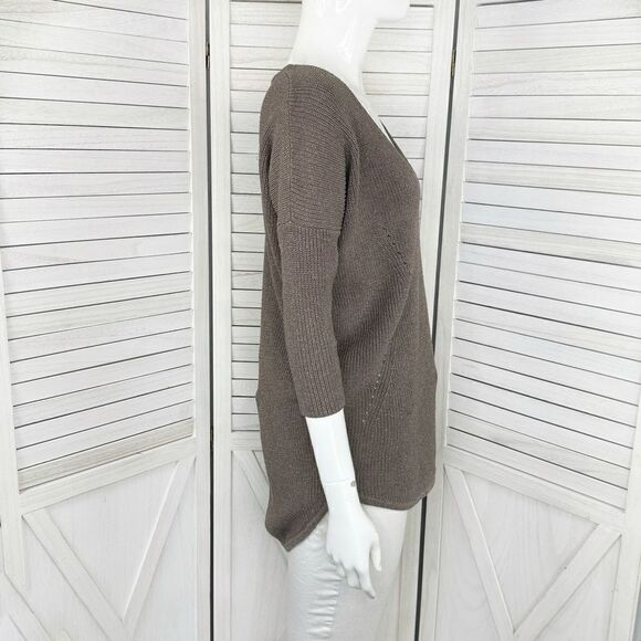 Express Deep V Neck Metallic Thread Tunic Sweater Taupe Brown Copper Small - Picture 4 of 12